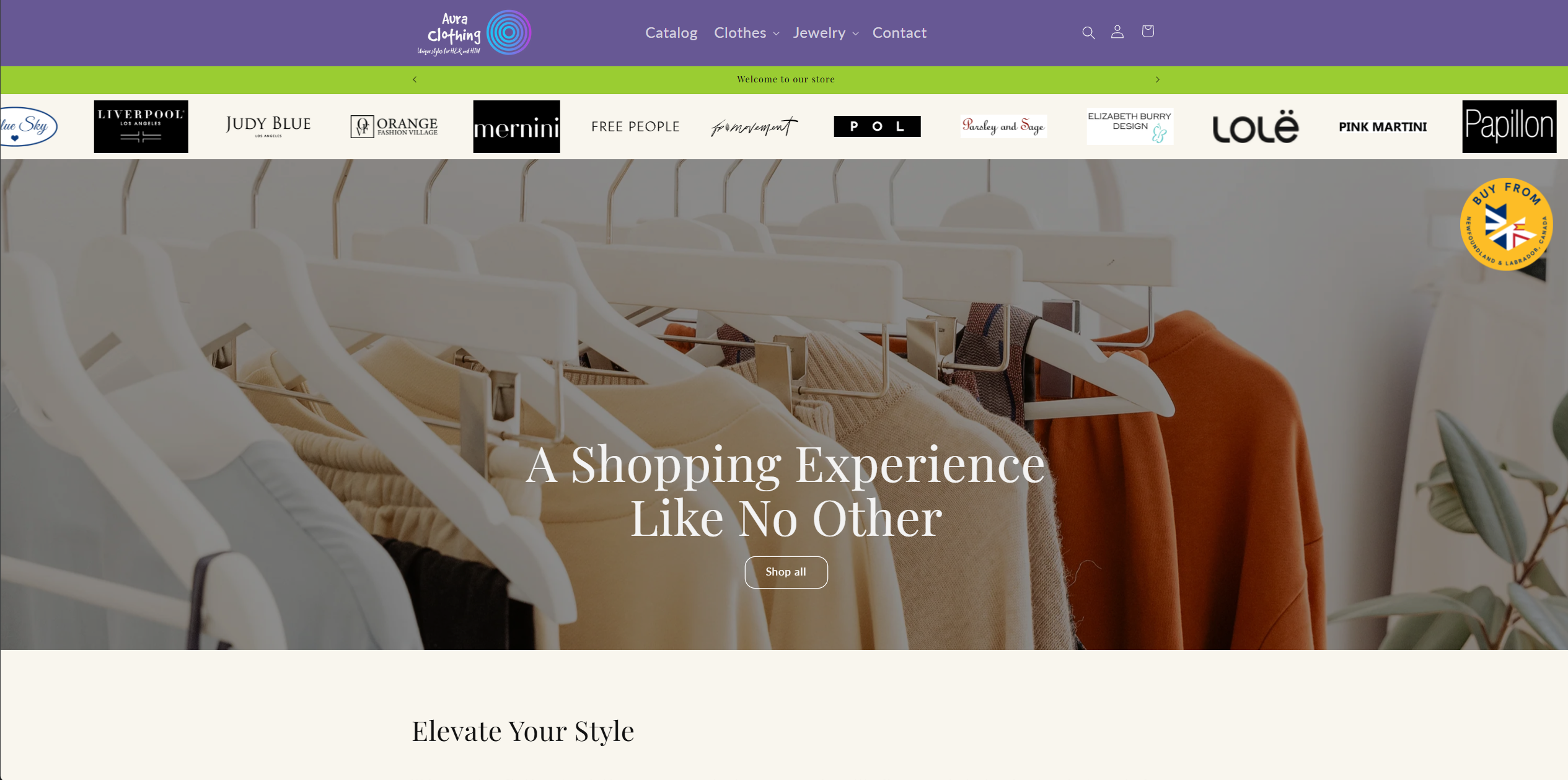 Homepage of the Aura Clothing Shop website.