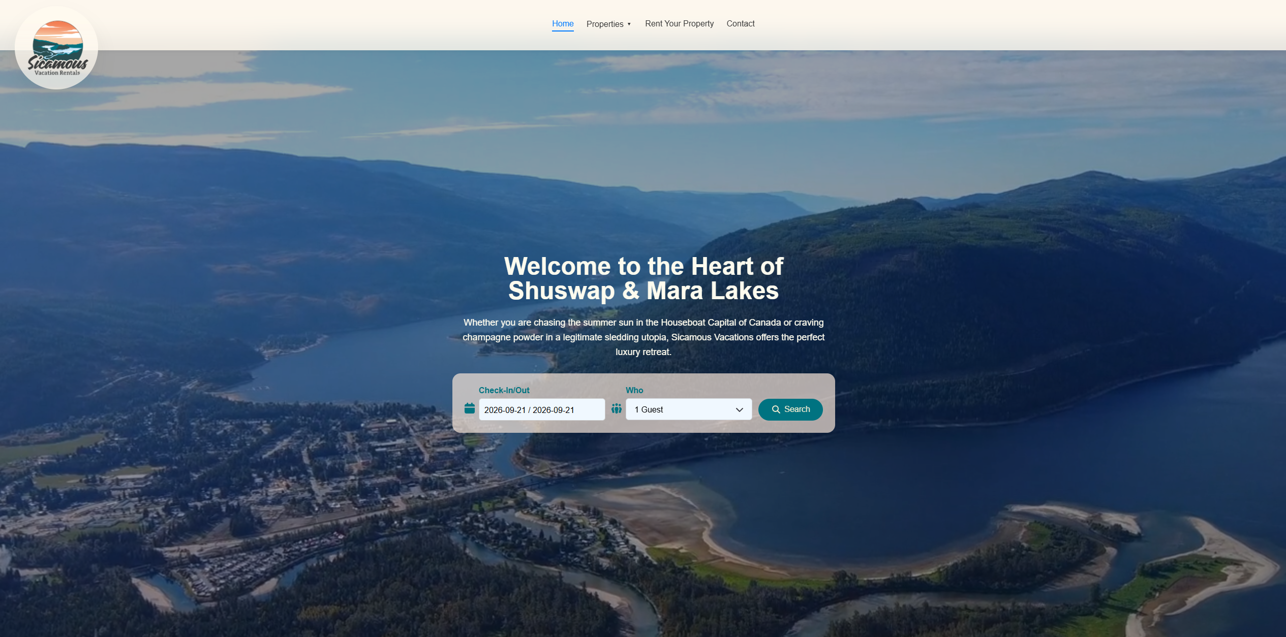 Homepage of Sicamous Vacations Rentals website